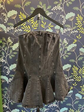 Wild Fable Black Denim Strapless Corset Peplum Top Studded Bustier M